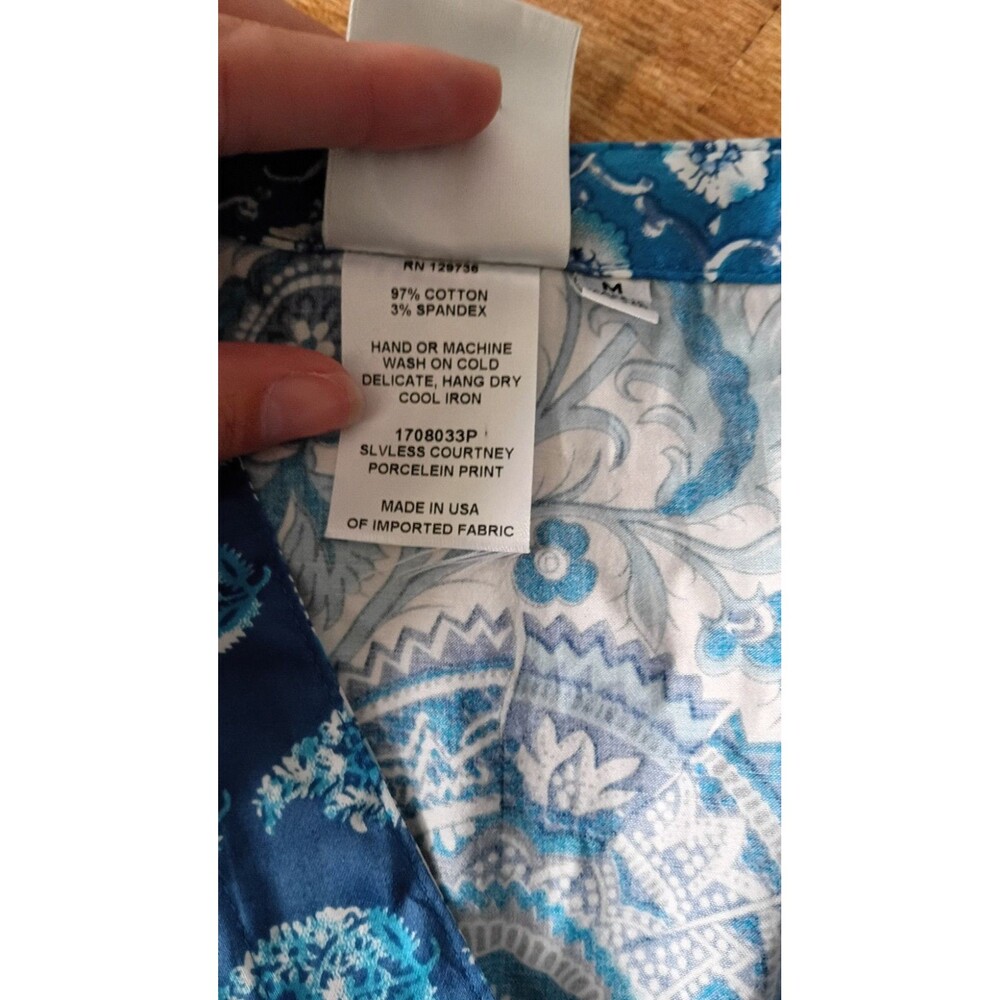 Cottagecore Porcelain Print Wrap Top Blue White Paisley Tank M Garden Party Prep - Picture 3 of 13